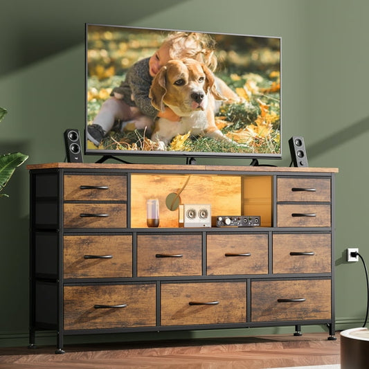 GIKPAL Dresser with LED Lights and Power Outlet, Drawer Dresser for Bedroom, Dresser TV Stand with 11 Drawers, Fabric Chest of Drawers, Wide Dresser Storage Organizer, Brown