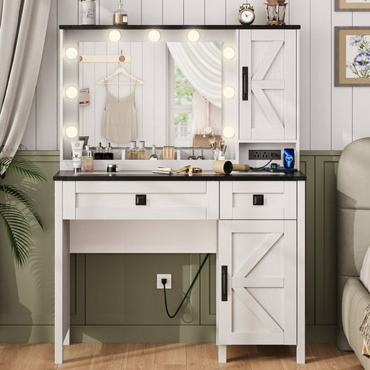 Farmhouse Makeup Vanity Desk with Mirror and Lights, Vanity Table with Glass Tabletop, Charging Station, Makeup Vanity Desk Dressing Table with 2 Drawers, Storage Shelves for Bedroom,White by GIKPAL