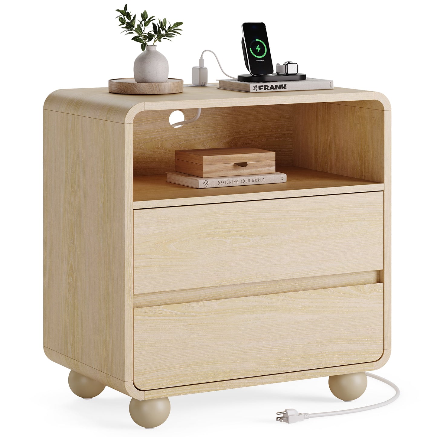 GIKPAL Modern Nightstand with Charging Station, 23.6" Wide Curved Design, 2-Drawer Bedside Table for Bedroom & Living Room, Mid-Century Style, Natural