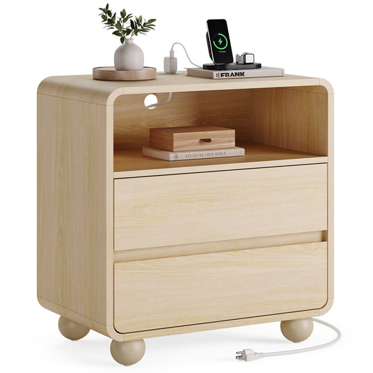 GIKPAL Modern Nightstand with Charging Station, 23.6" Wide Curved Design, 2-Drawer Bedside Table for Bedroom & Living Room, Mid-Century Style, Natural