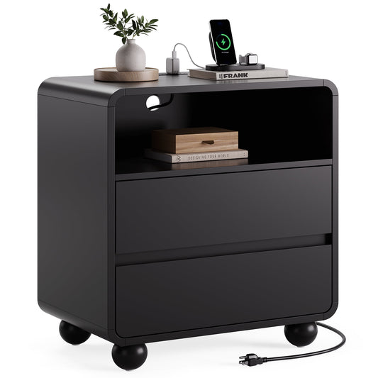 GIKPAL Modern Nightstand with Charging Station, 23.6" Wide Curved Design, 2-Drawer Bedside Table for Bedroom & Living Room, Mid-Century Style, Black