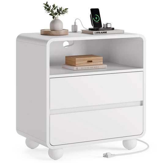 GIKPAL Modern Nightstand with Charging Station, 23.6" Wide Curved Design, 2-Drawer Bedside Table for Bedroom & Living Room, Mid-Century Style, White