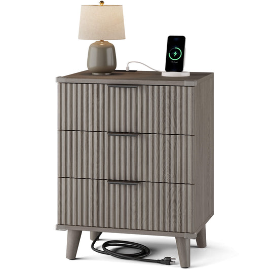 GIKPAL Night Stands for Bedroom, Modern Bedside Table with 3 Drawers & Charging Station,Fluted Panel End Tables for Bedroom & Living Room, Dark Grey Oak