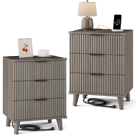 GIKPAL Night Stands for Bedroom Set of 2, Modern Bedside Table with 3 Drawers & Charging Station,Fluted Panel End Tables for Bedroom & Living Room, Dark Grey Oak