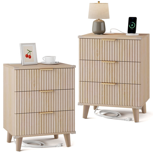GIKPAL Night Stands for Bedroom Set of 2, Modern Bedside Table with 3 Drawers & Charging Station,Fluted Panel End Tables for Bedroom & Living Room, Natural