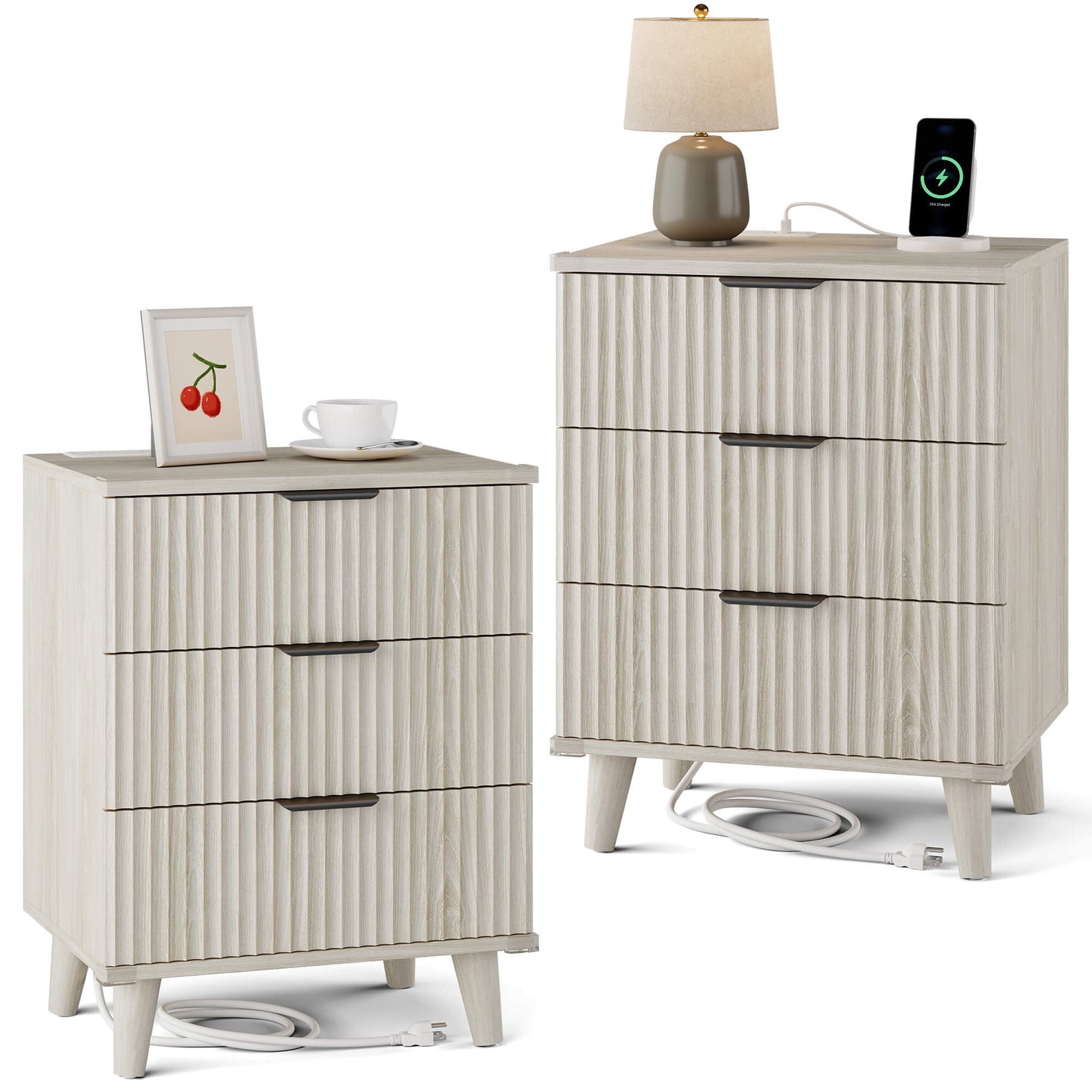 GIKPAL Night Stands for Bedroom Set of 2, Modern Bedside Table with 3 Drawers & Charging Station,Fluted Panel End Tables for Bedroom & Living Room, White Oak