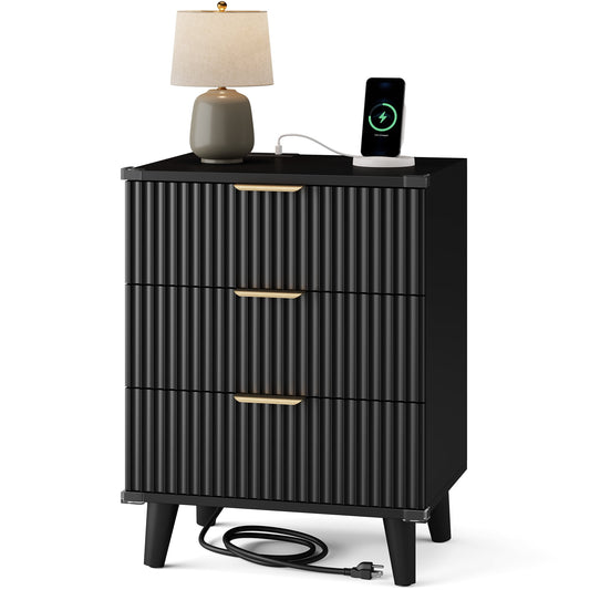 GIKPAL Night Stands for Bedroom, Modern Bedside Table with 3 Drawers & Charging Station,Fluted Panel End Tables for Bedroom & Living Room, Black