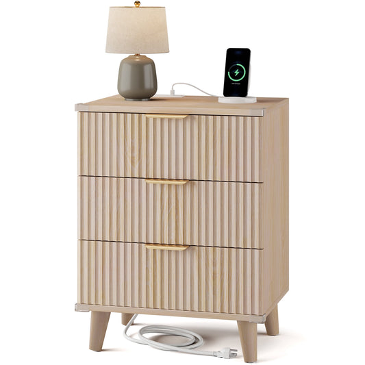 GIKPAL Night Stands for Bedroom, Modern Bedside Table with 3 Drawers & Charging Station,Fluted Panel End Tables for Bedroom & Living Room, Natural