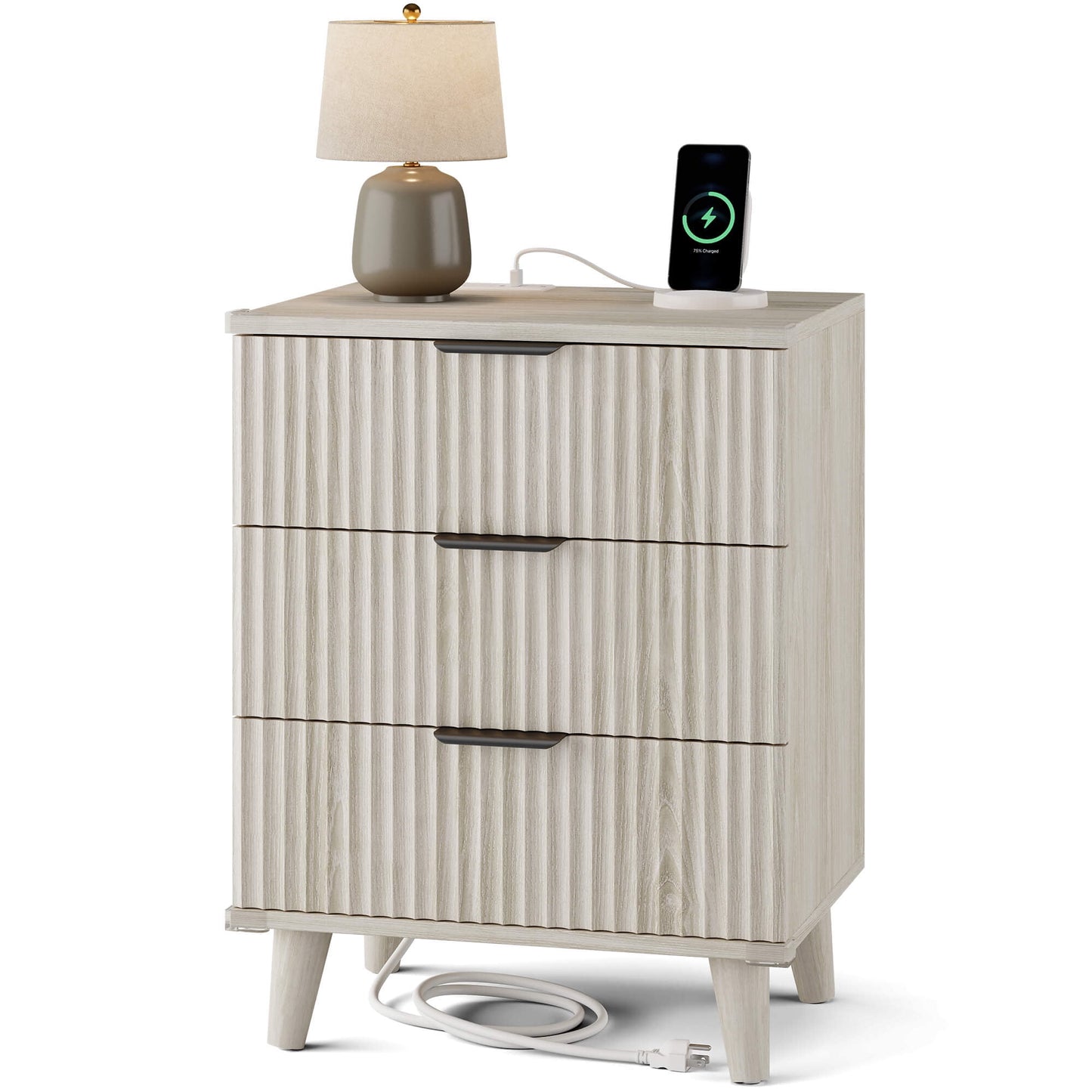 GIKPAL Night Stands for Bedroom, Modern Bedside Table with 3 Drawers & Charging Station,Fluted Panel End Tables for Bedroom & Living Room, White Oak