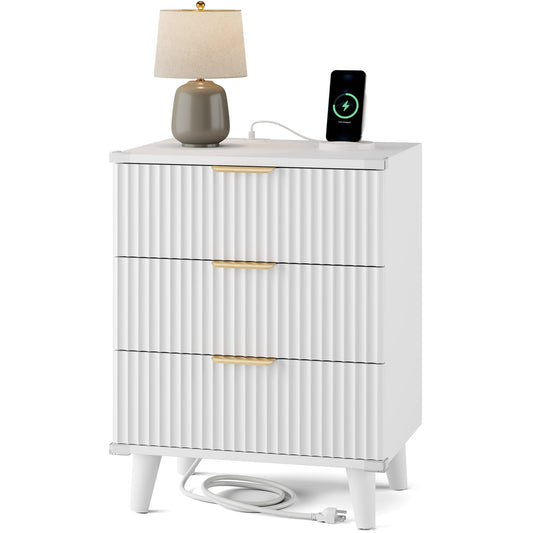 GIKPAL Night Stands for Bedroom, Modern Bedside Table with 3 Drawers & Charging Station,Fluted Panel End Tables for Bedroom & Living Room, White