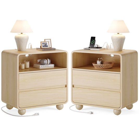 GIKPAL Nightstands Set of 2 with Charging Station, Modern Curved Profile Bedside Tables w/ 2 Drawers, Mid-Century Wood End Tables for Bedroom, Natural