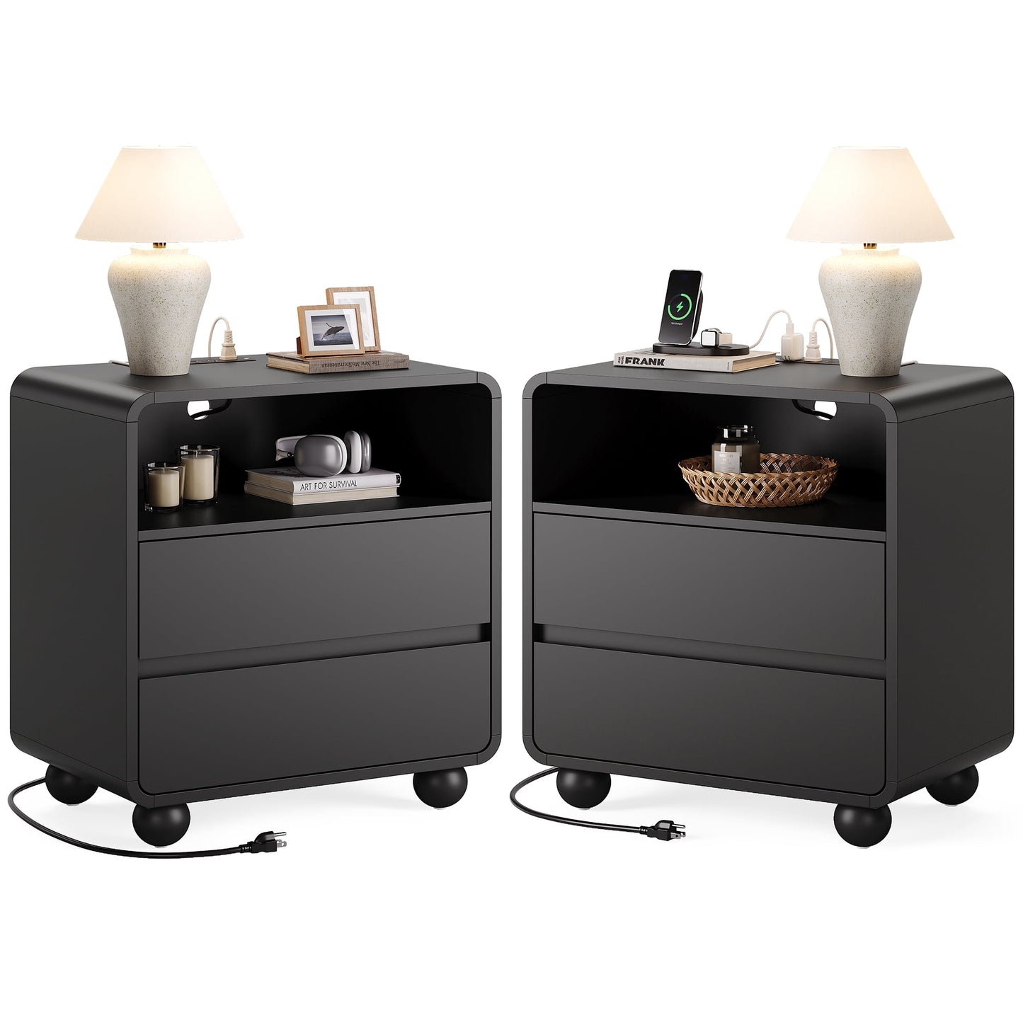 GIKPAL Nightstands Set of 2 with Charging Station, Modern Curved Profile Bedside Tables w/ 2 Drawers, Mid-Century Wood End Tables for Bedroom, Black