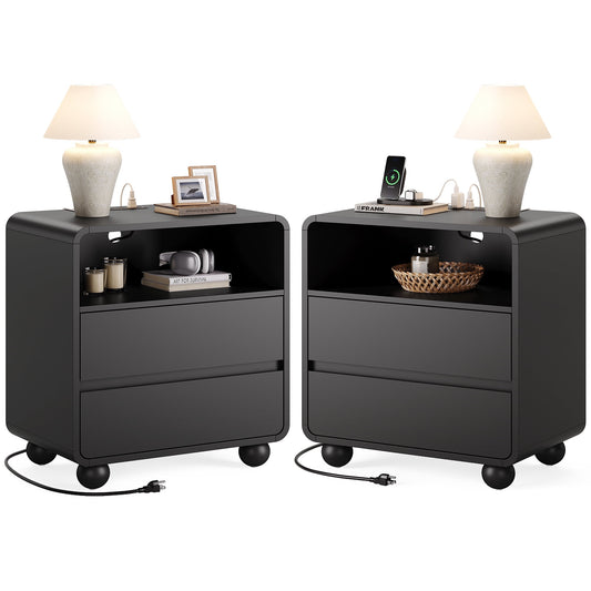 GIKPAL Nightstands Set of 2 with Charging Station, Modern Curved Profile Bedside Tables w/ 2 Drawers, Mid-Century Wood End Tables for Bedroom, Black