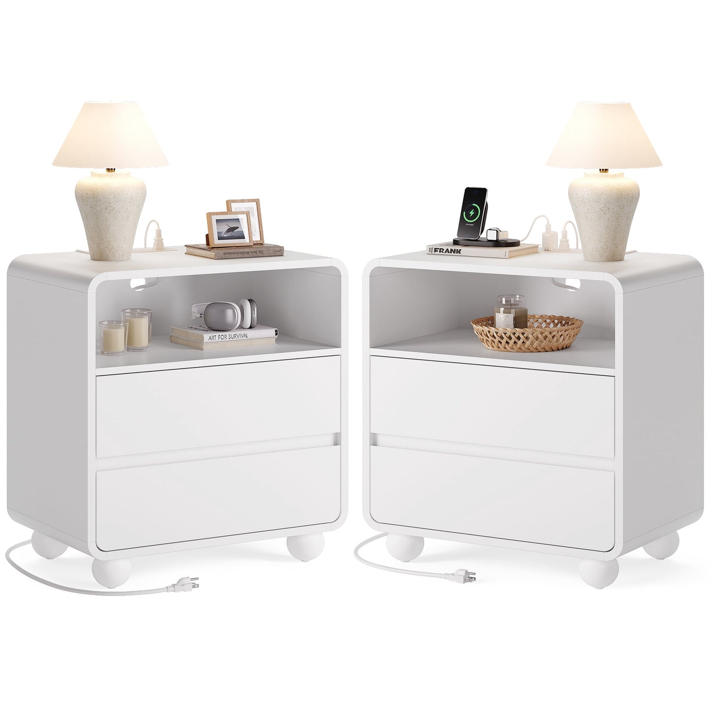 GIKPAL Nightstands Set of 2 with Charging Station, Modern Curved Profile Bedside Tables w/ 2 Drawers, Mid-Century Wood End Tables for Bedroom, White