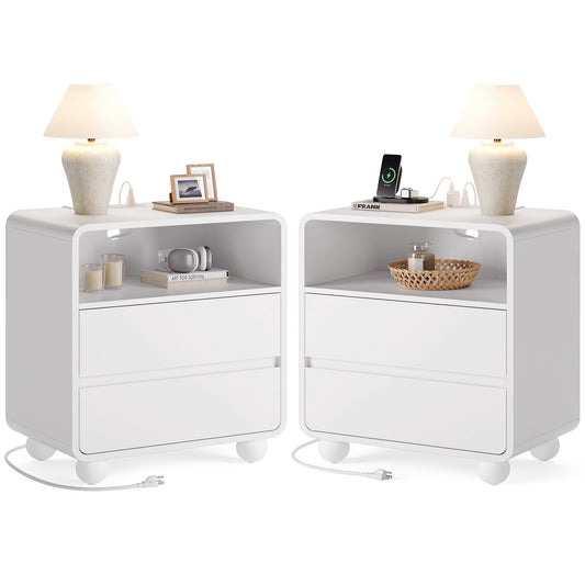 GIKPAL Nightstands Set of 2 with Charging Station, Modern Curved Profile Bedside Tables w/ 2 Drawers, Mid-Century Wood End Tables for Bedroom, White