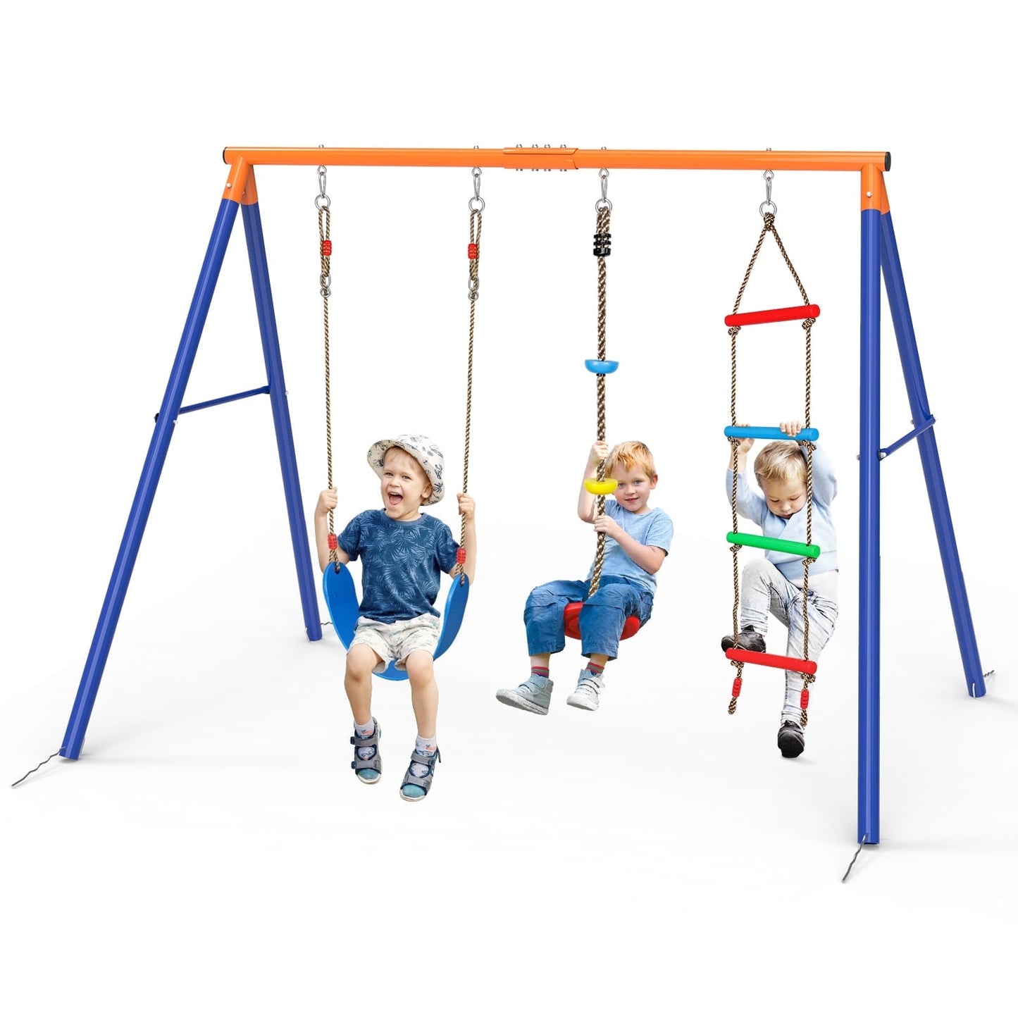 GIKPAL Outdoor Swing Set, 440lbs Adjustable Kids Swing Set 3-in-1 Heavy-Duty Metal Swing Sets for Backyard Playground Park