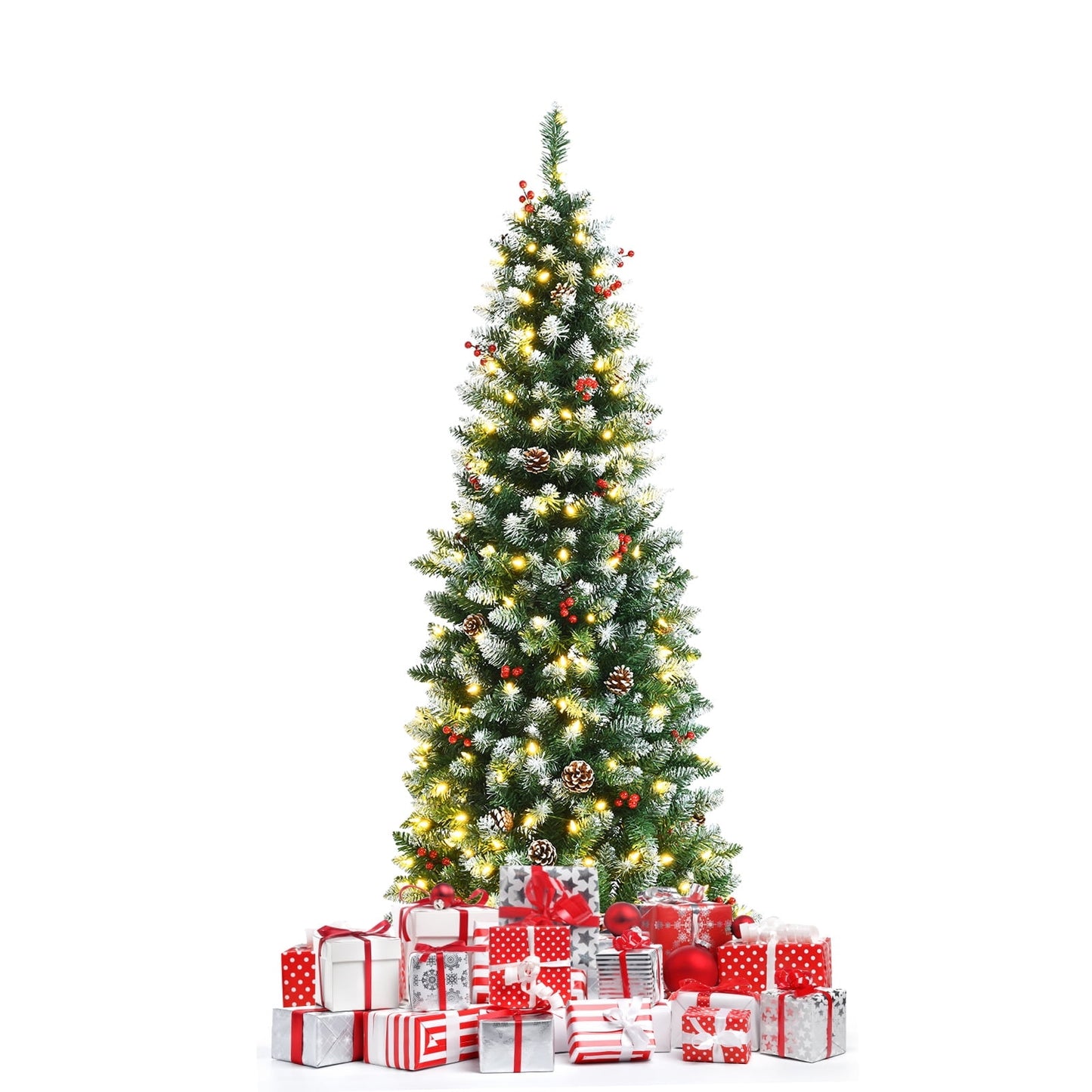 GIKPAL Pre-Lit Pencil Christmas Tree, 6ft Skinny Spruce Slim Holiday Decoration w/ 600 Tips, 200 Incandescent Lights, Metal Hinges & Base