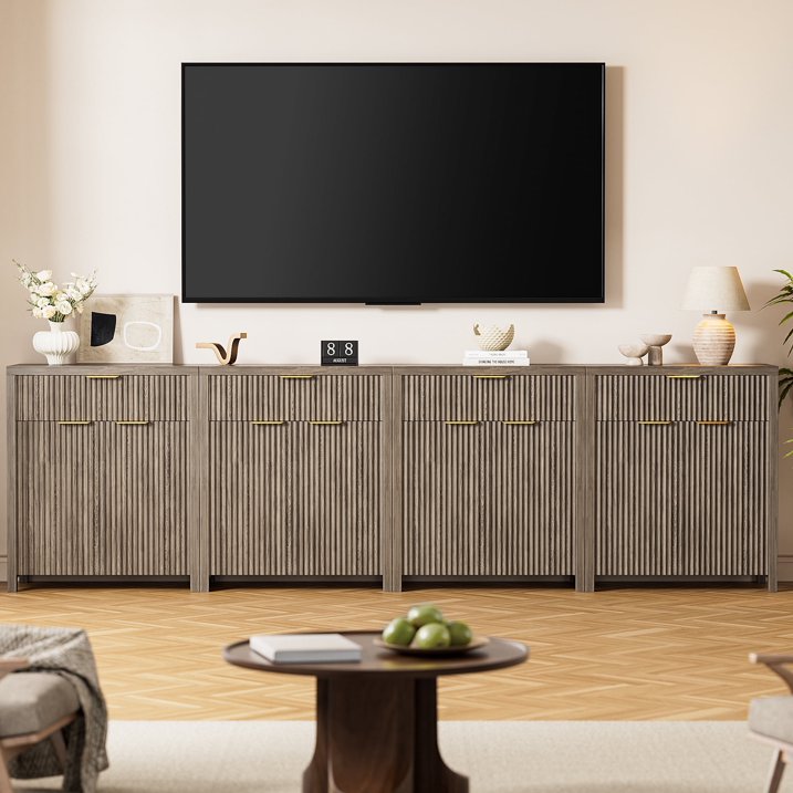 GIKPAL Sideboard Buffet Cabinet with Drawer, Adjustable Shelves, Fluted Storage Cabinet TV Stand for Living Room, Kitchen, Dining Room, Entryway, Gray Oak Set of 4