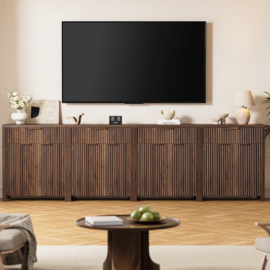 GIKPAL Sideboard Buffet Cabinet with Drawer, Adjustable Shelves, Fluted Storage Cabinet TV Stand for Living Room, Kitchen, Dining Room, Entryway, Walnut Set of 4