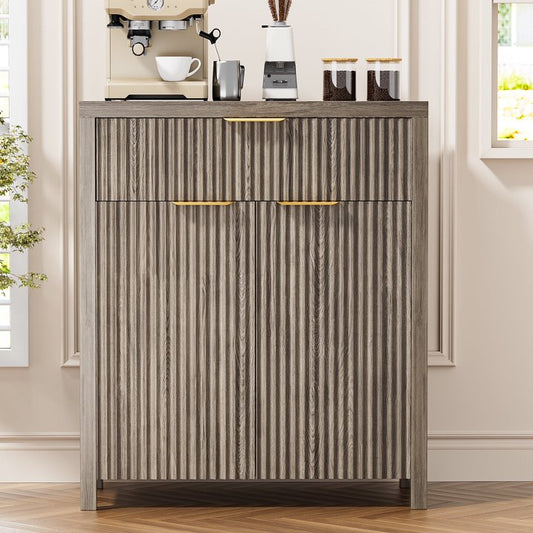 GIKPAL Sideboard Buffet Cabinet, Fluted Kitchen Storage Organizer with Adjustable Shelf and Doors, Modern Accent Cabinet with Storage Drawer for Dining Living Room, Gray Oak