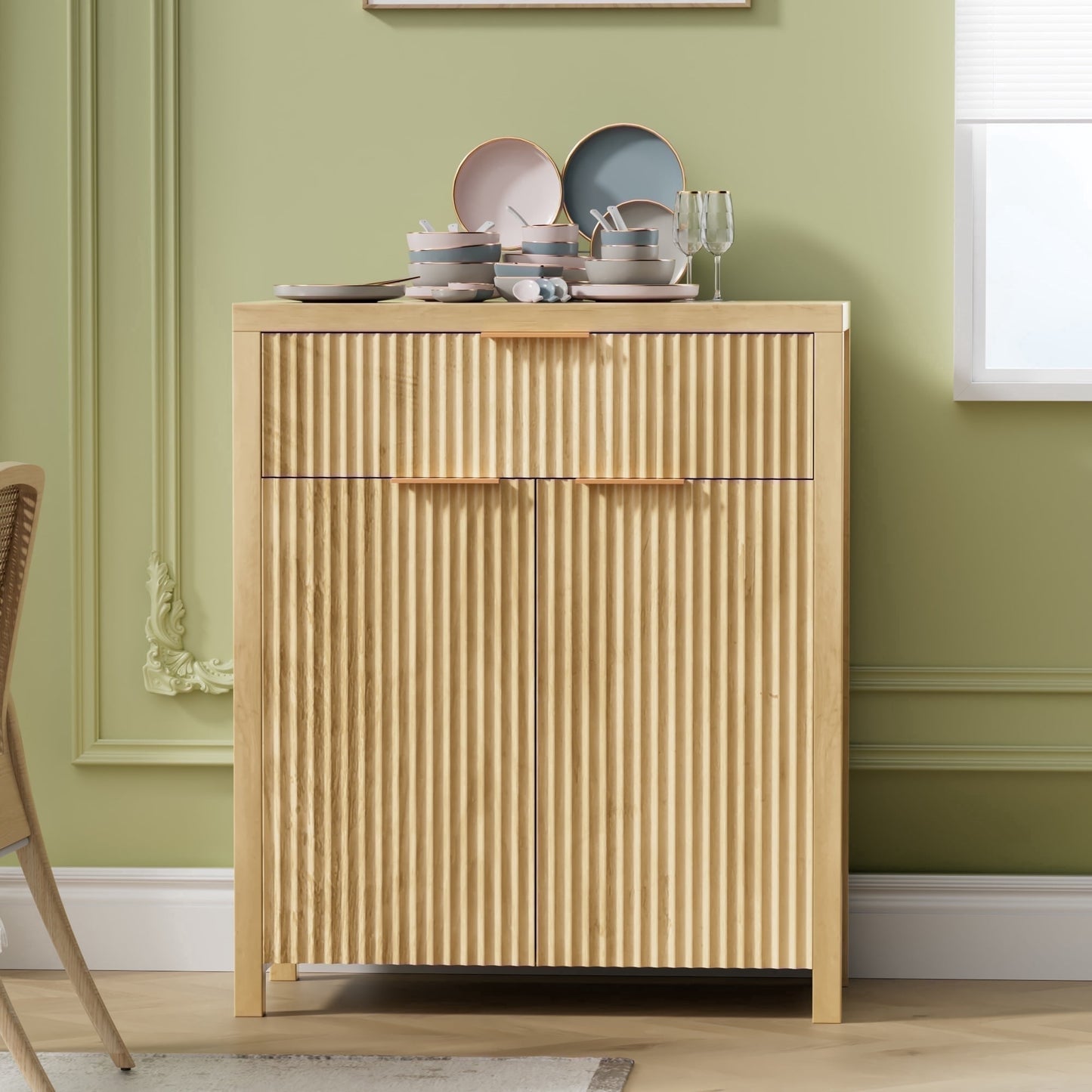 GIKPAL Buffet Cabinet with Storage, Fluted Kitchen Sideboard with Adjustable Shelf and Doors, Modern Boho Accent Cabinet with Drawer for Dining Living Room Furniture, Natural Oak