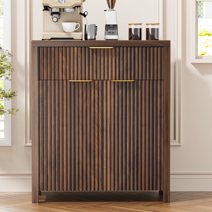 GIKPAL Sideboard Buffet Cabinet, Fluted Kitchen Storage Organizer with Adjustable Shelf and Doors, Modern Accent Cabinet with Storage Drawer for Dining Living Room, Walnut