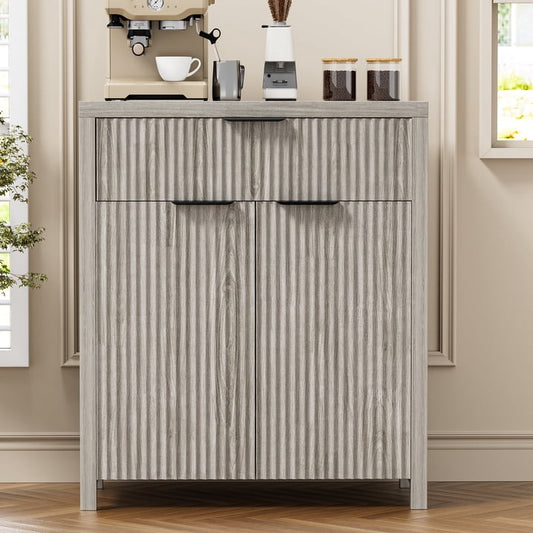GIKPAL Sideboard Buffet Cabinet, Fluted Kitchen Storage Organizer with Adjustable Shelf and Doors, Modern Accent Cabinet with Storage Drawer for Dining Living Room, White Oak