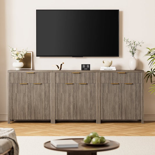 GIKPAL Buffet Sideboard Cabinet with Drawers Set of 3, Modern Fluted Storage Cabinet with Adjustable Shelves, Accent Entryway Cabinet TV Stand for Dining Room, Kitchen, Living Room, Gray Oak