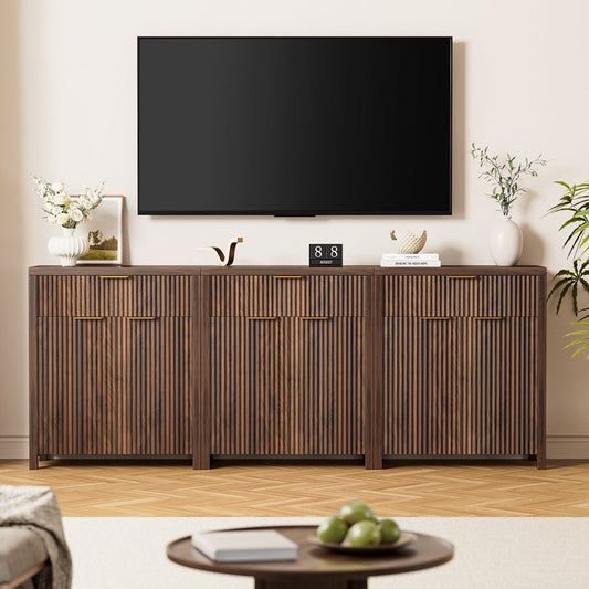 GIKPAL Buffet Sideboard Cabinet with Drawers Set of 3, Modern Fluted Storage Cabinet with Adjustable Shelves, Accent Entryway Cabinet TV Stand for Dining Room, Kitchen, Living Room, Walnut