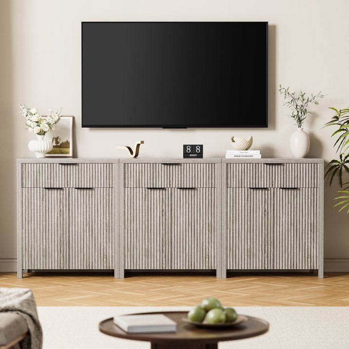 GIKPAL Buffet Sideboard Cabinet with Drawers Set of 3, Modern Fluted Storage Cabinet with Adjustable Shelves, Accent Entryway Cabinet TV Stand for Dining Room, Kitchen, Living Room, White Oak