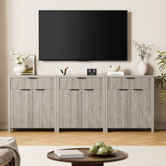 GIKPAL Buffet Sideboard Cabinet with Drawers Set of 3, Modern Fluted Storage Cabinet with Adjustable Shelves, Accent Entryway Cabinet TV Stand for Dining Room, Kitchen, Living Room, White Oak