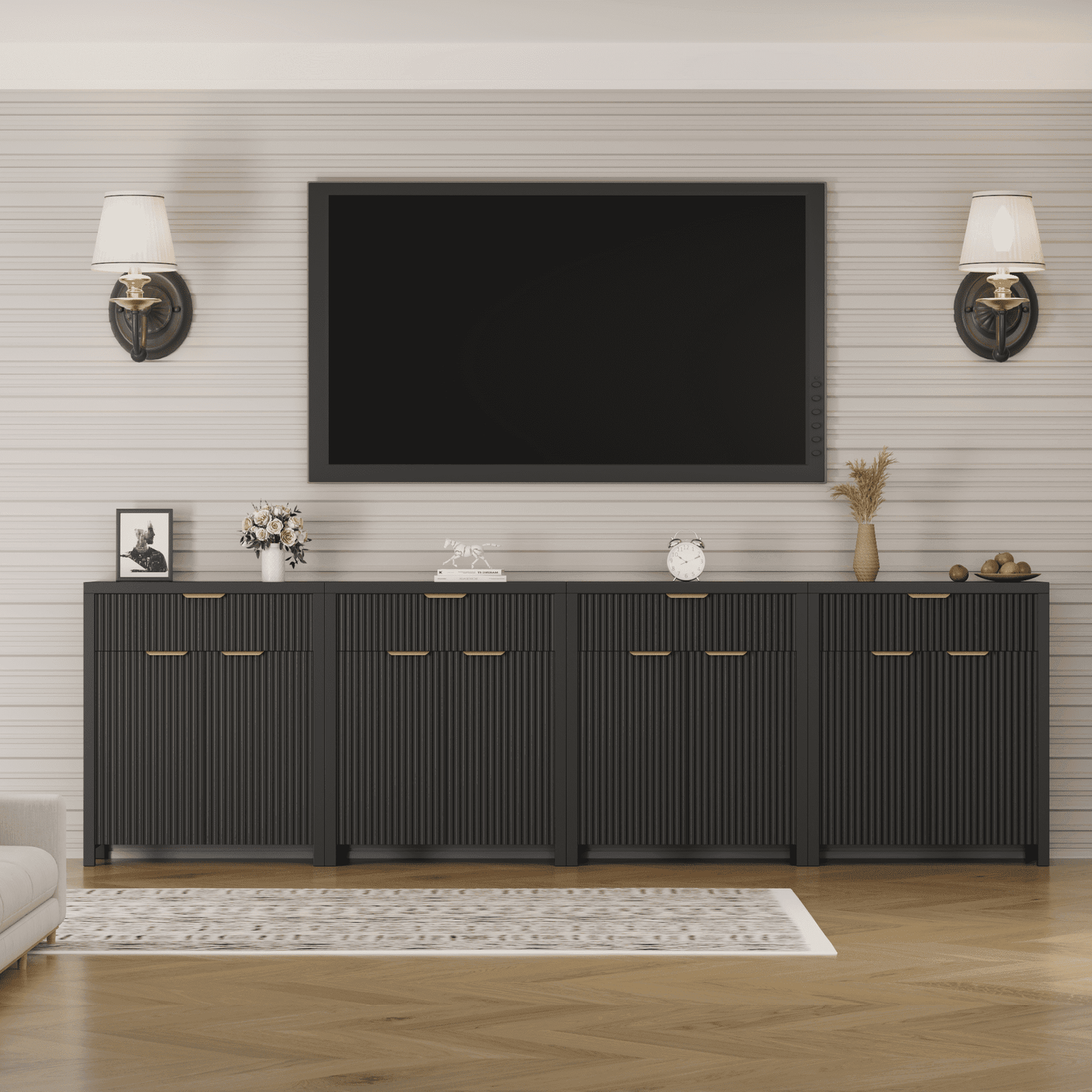 GIKPAL Sideboard Buffet Cabinet with Drawer, Adjustable Shelves, Fluted Black Storage Cabinet TV Stand for Living Room, Kitchen, Dining Room, Entryway, Set of 4