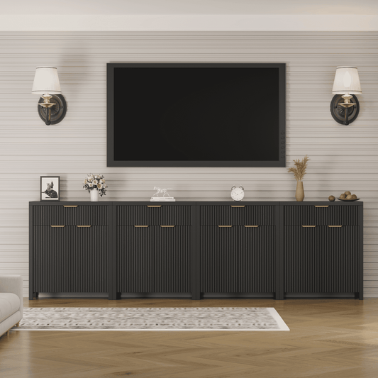 GIKPAL Sideboard Buffet Cabinet with Drawer, Adjustable Shelves, Fluted Black Storage Cabinet TV Stand for Living Room, Kitchen, Dining Room, Entryway, Set of 4