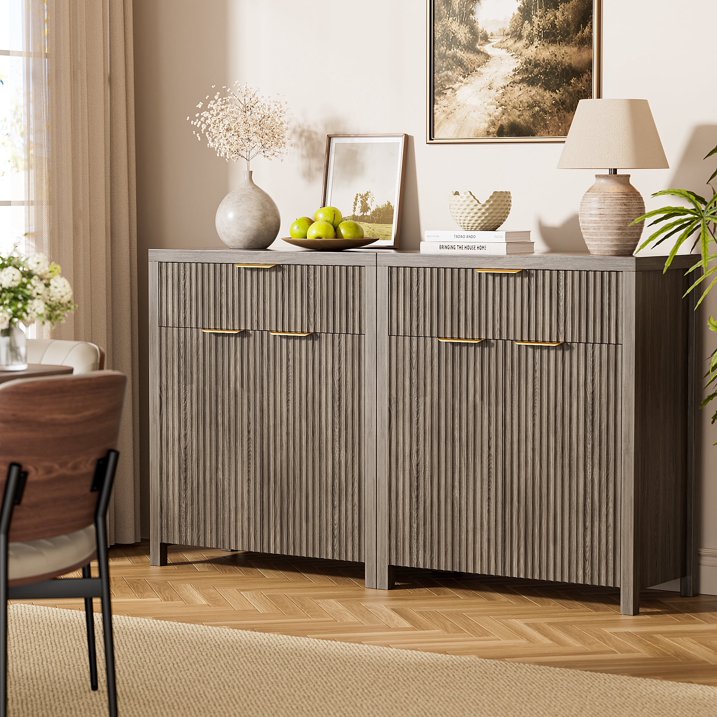 GIKPAL Storage Cabinet with Fluted Doors, Sideboard Buffet Cabinet with Storage Drawers, Modern Kitchen Accent Organizer with Adjustable Shelves, Gray Oak Set of 2