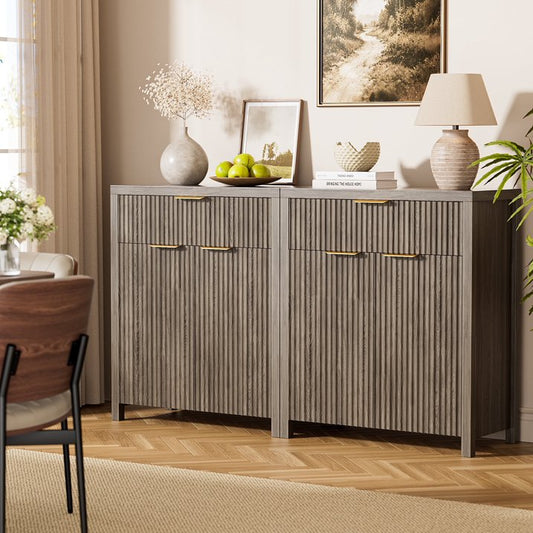 GIKPAL Storage Cabinet with Fluted Doors, Sideboard Buffet Cabinet with Storage Drawers, Modern Kitchen Accent Organizer with Adjustable Shelves, Gray Oak Set of 2