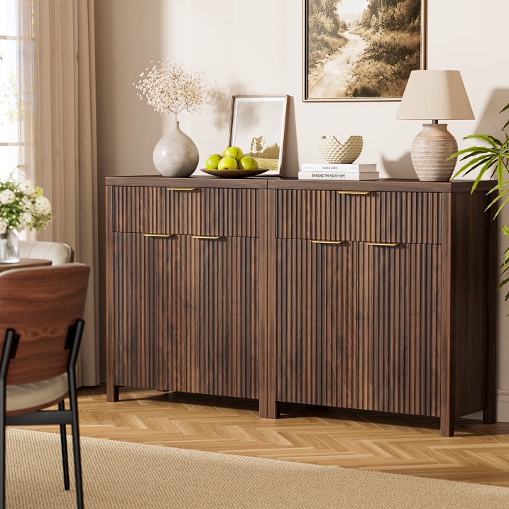 GIKPAL Storage Cabinet with Fluted Doors, Sideboard Buffet Cabinet with Storage Drawers, Modern Kitchen Accent Organizer with Adjustable Shelves, Walnut Set of 2