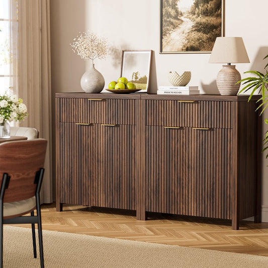 GIKPAL Storage Cabinet with Fluted Doors, Sideboard Buffet Cabinet with Storage Drawers, Modern Kitchen Accent Organizer with Adjustable Shelves, Walnut Set of 2