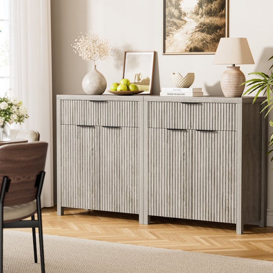 GIKPAL Storage Cabinet with Fluted Doors, Sideboard Buffet Cabinet with Storage Drawers, Modern Kitchen Accent Organizer with Adjustable Shelves, White Oak Set of 2
