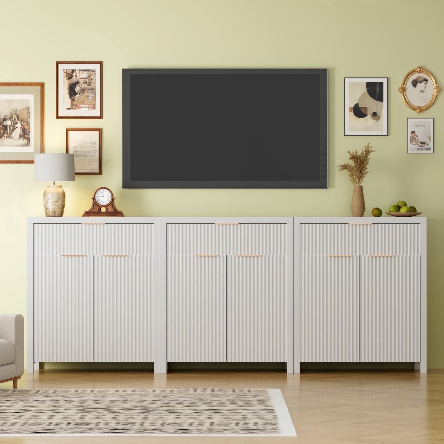 GIKPAL Sideboard Buffet Cabinet, Kitchen Storage Cabinet with Adjustable Shelves and Drawer, Fluted Coffee Bar, Accent Console Cabinet for Living Room, White Set of 3