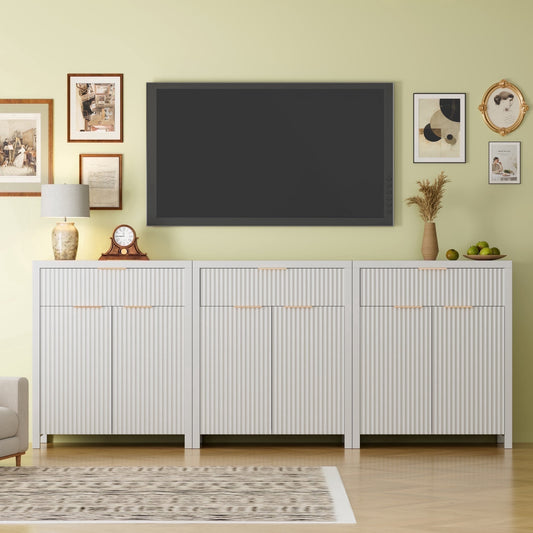 GIKPAL Sideboard Buffet Cabinet, Kitchen Storage Cabinet with Adjustable Shelves and Drawer, Fluted Coffee Bar, Accent Console Cabinet for Living Room, White Set of 3