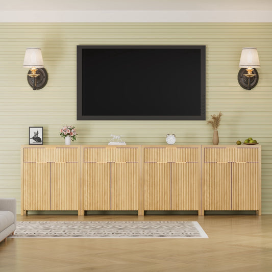 GIKPAL Sideboard Buffet Cabinet, Kitchen Storage Cabinet with Adjustable Shelves and Drawer, Fluted TV Stand for TVs, Accent Console Cabinet for Living Room, Natural Oak Set of 4