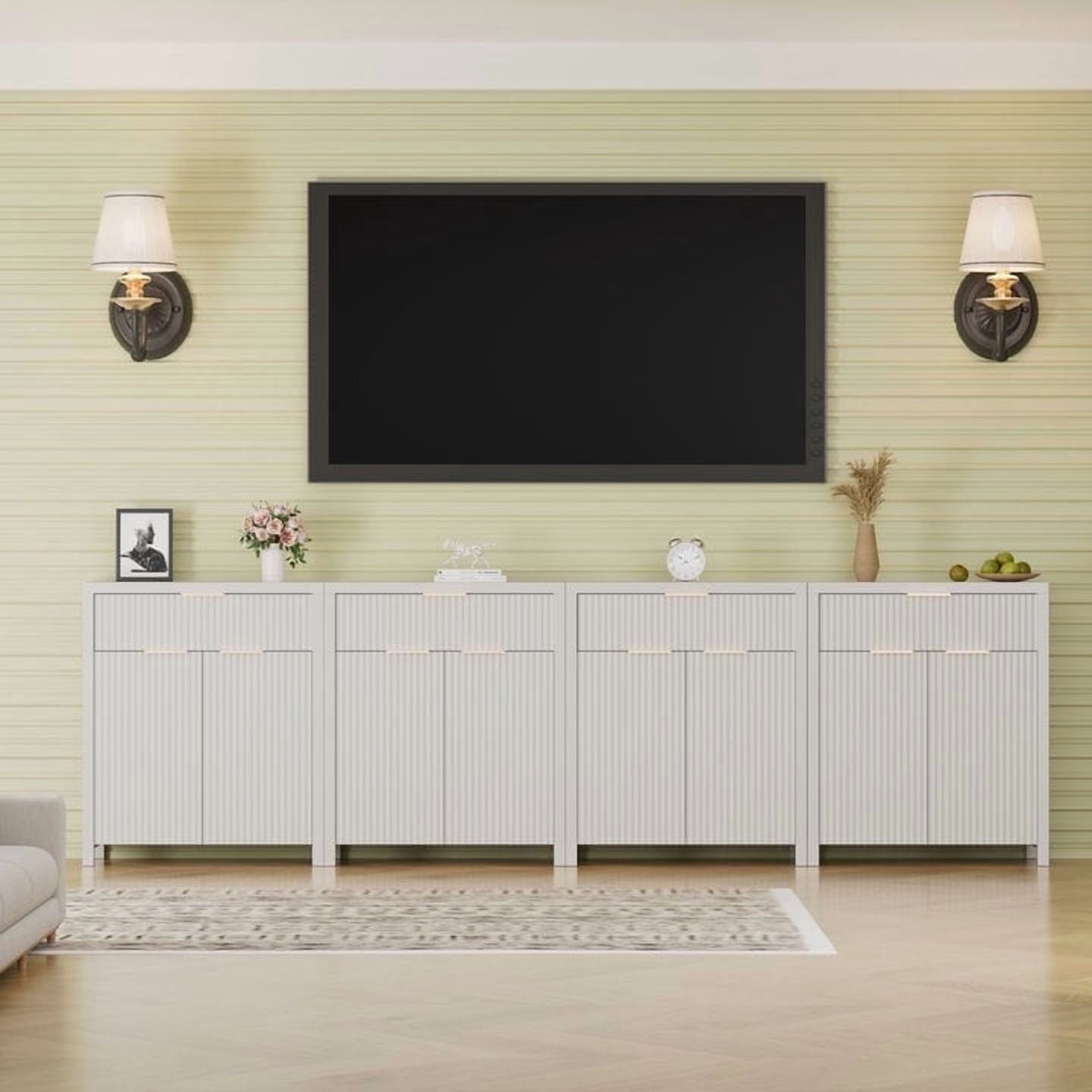 GIKPAL Sideboard Buffet Cabinet, White Storage Cabinet with Adjustable Shelves and Drawer, Fluted TV Stand for TVs, Accent Console Cabinet for Living Room, Natural Oak Set of 4
