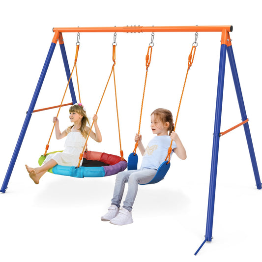 GIKPAL Swing Set with 1 Saucer and 1 Belt Swing Seat, 440lbs Swing Set for Kids with Heavy Duty A-Frame Metal Swing Stand for Backyard and Playground