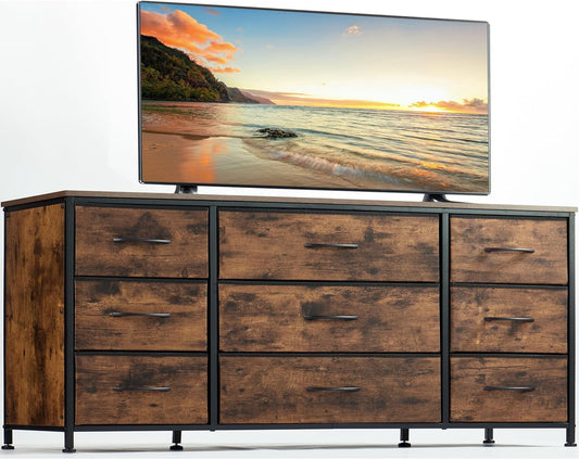 GIKPAL TV Stand Dresser for 45'' 50'' TV, Dressers for Bedroom with 5 Fabricer Drawers, Long Dresser with LED Lights and Electrical Outlets, Brown