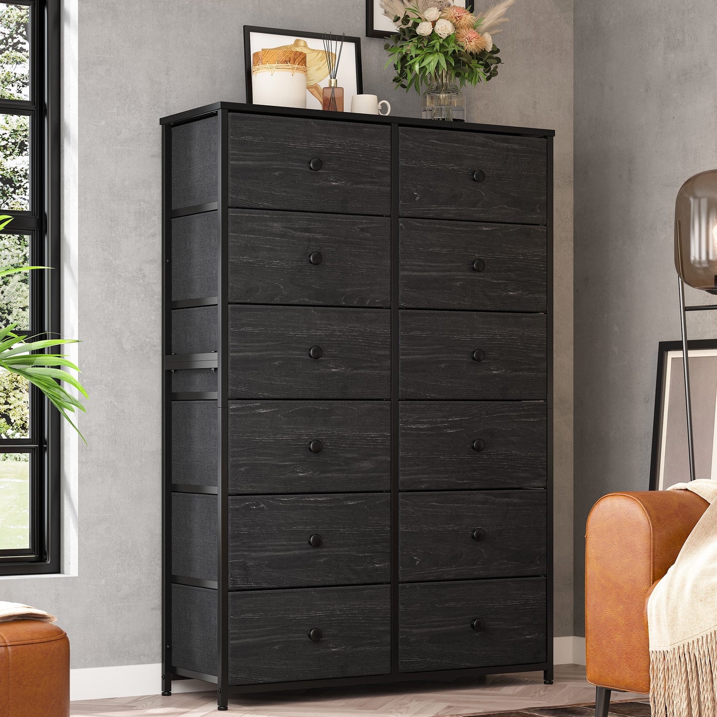 GIKPAL Tall Dresser for Bedroom 12 Drawer Black Dresser Fabric Chest of Drawers Slim Dresser with 12 Drawers Large Dresser,Black