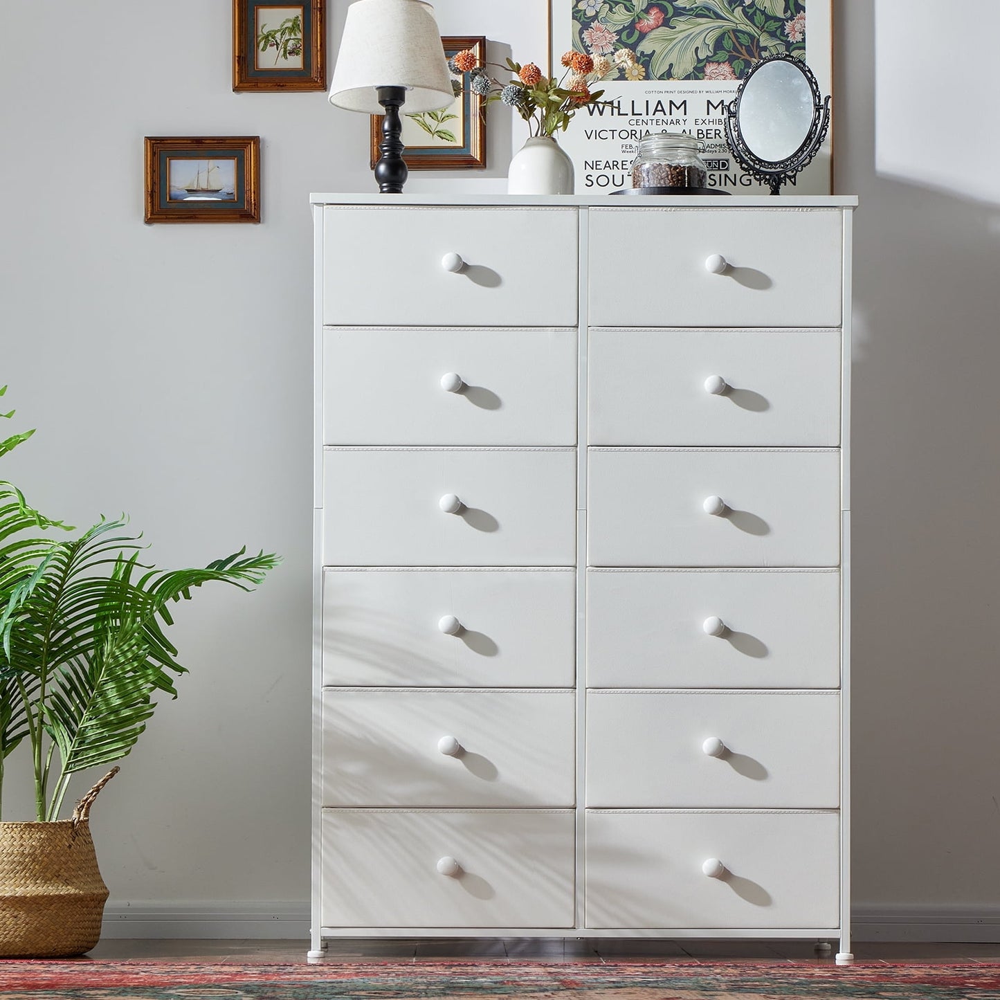 GIKPAL Tall Dresser for Bedroom 12 Drawer White Dresser Fabric Chest of Drawers Slim Dresser with 12 Drawers Large Dresser,White