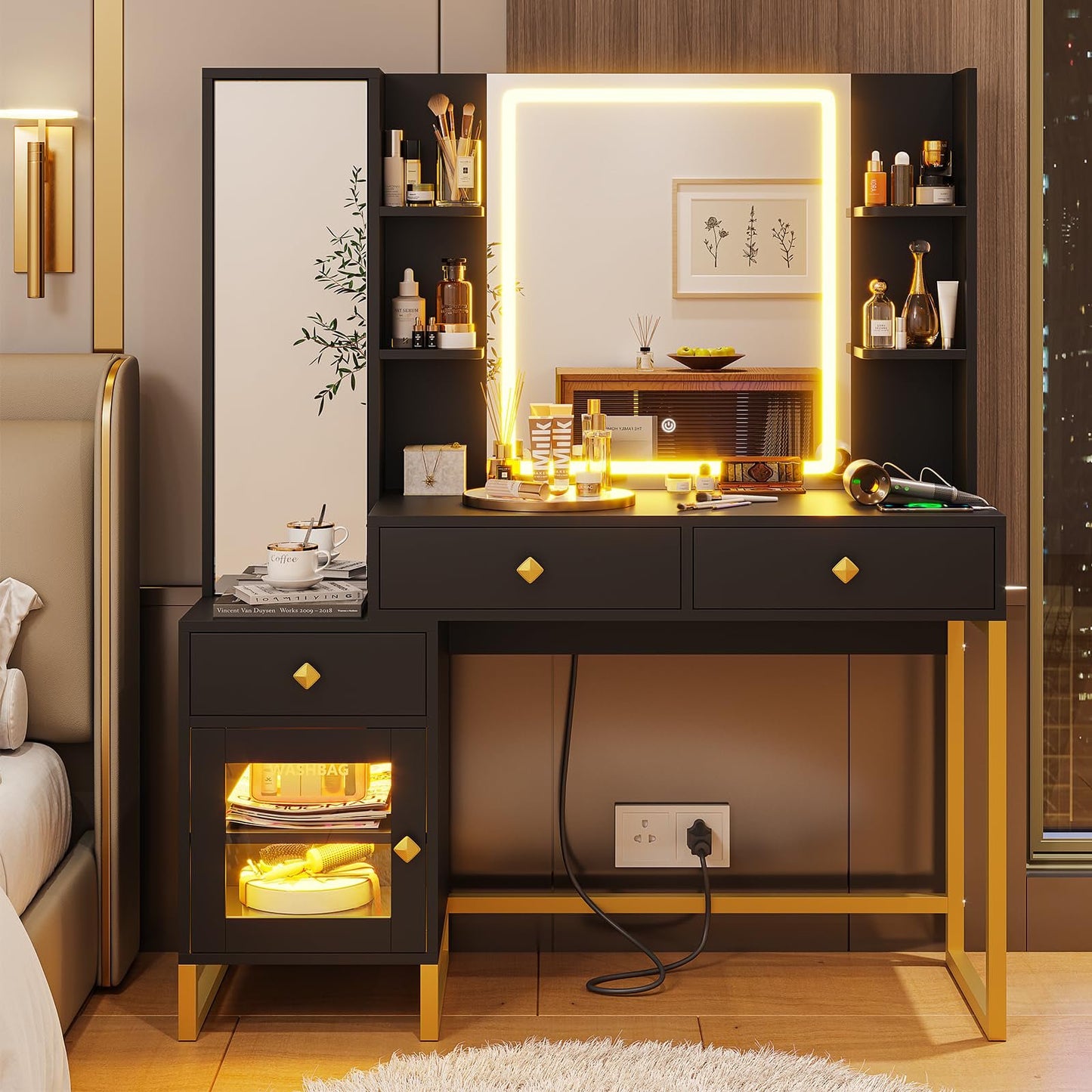 GIKPAL Vanity with Lighted Mirror and Charging Station, Makeup Table with Jewelry Armoire, Full Length Mirror, RGB Cabinet, Black