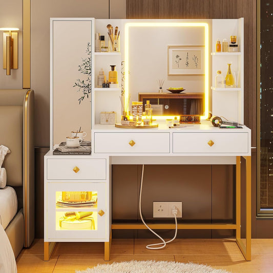 GIKPAL Vanity with Lighted Mirror and Charging Station, Makeup Table with Jewelry Armoire, Full Length Mirror, RGB Cabinet, White