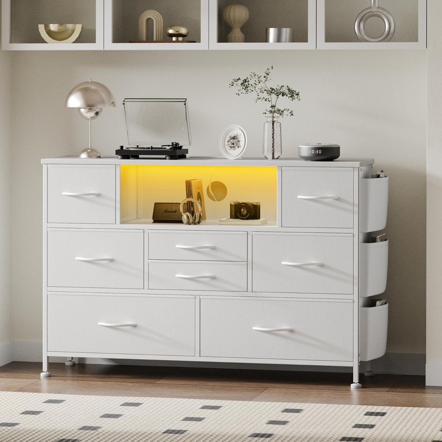 GIKPAL Dresser with Power Outlets and LED Lights, 5 Drawers Dresser with Side Pocket, Fabric Chest of Drawers with PU Finish, Small Dresser with Sturdy Frame & Wood Top for up to 45" TV, White