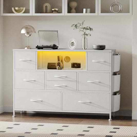 GIKPAL Dresser with Power Outlets and LED Lights, 5 Drawers Dresser with Side Pocket, Fabric Chest of Drawers with PU Finish, Small Dresser with Sturdy Frame & Wood Top for up to 45" TV, White